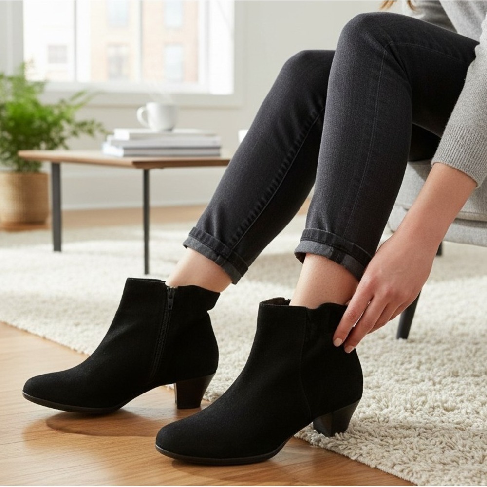 Munro Alfie Ankle Boots Women US 8W EU39 Black Suede Side Zip Block Heel